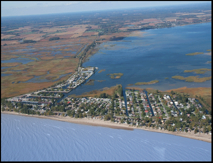 aerial view of MLS cottages and investment property for sale on Long Point Beach, on the Gold Coast of Ontario, on Lake Erie