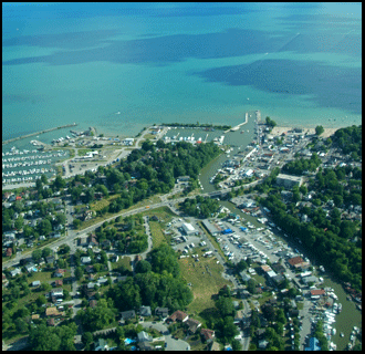 Arial photograph of Port Dover with homes and investment property for sale from the MLS on the Gold Coast in southern Ontario