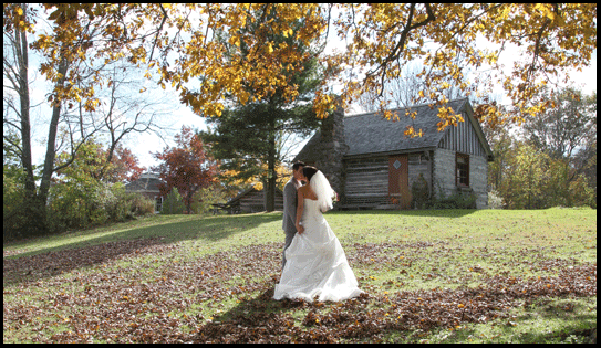photograph of bride and groom in autumn at Backus Mill in Port Rowan, on the Gold Coast of Ontario, on Lake Erie