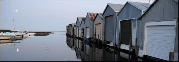 photograph of boat houses  in Port Rowan, on the Gold Coast of Ontario, on Lake Erie